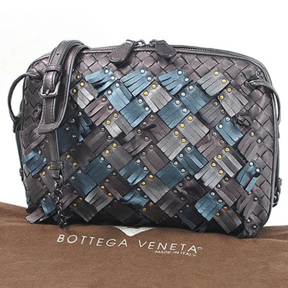 Bottega Veneta Intrecciato Chain Shoulder Bag Leather Black Gray